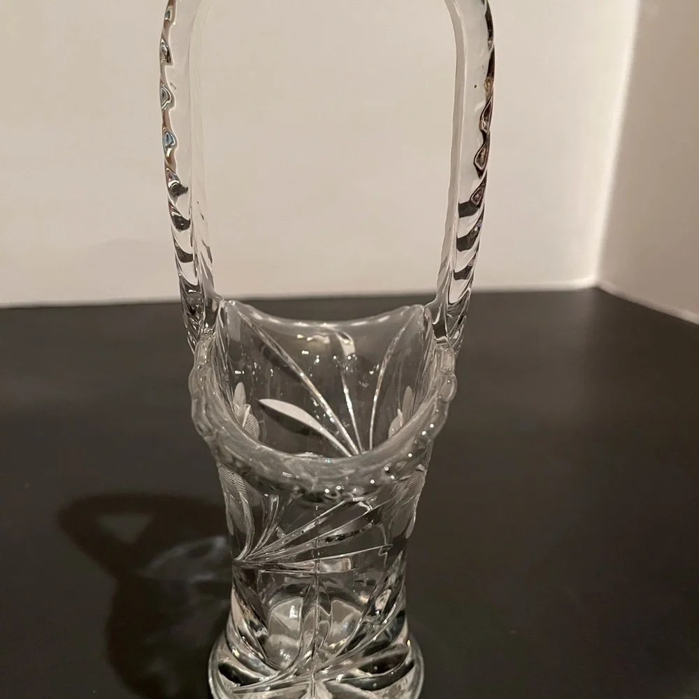Vintage Petite Etched Glass Basket with Handle